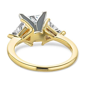 Three stone engagement ring with 1.5ct princess cut lab grown diamond and two 0.50 triangle cut diamond side stones in 14k yellow gold shown from back