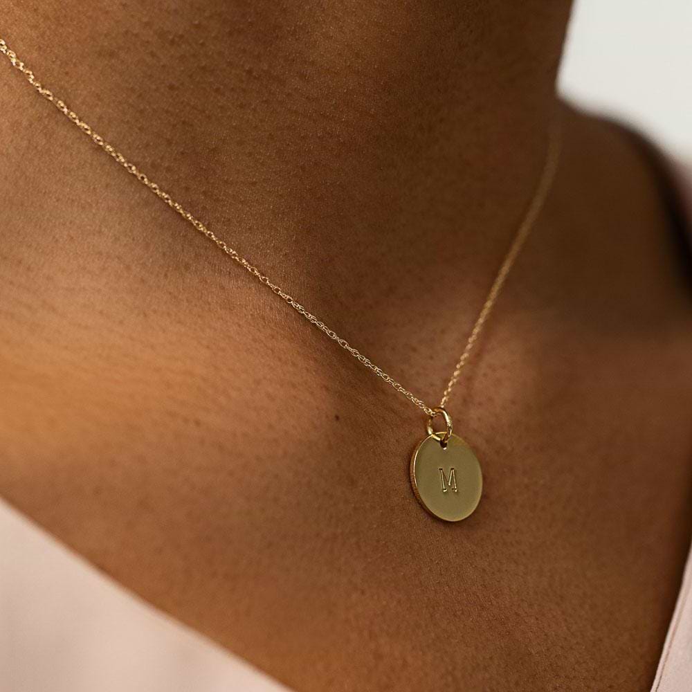 Solid Initial "T" Disc Necklace in 14K white gold | letter disc pendant necklace gold