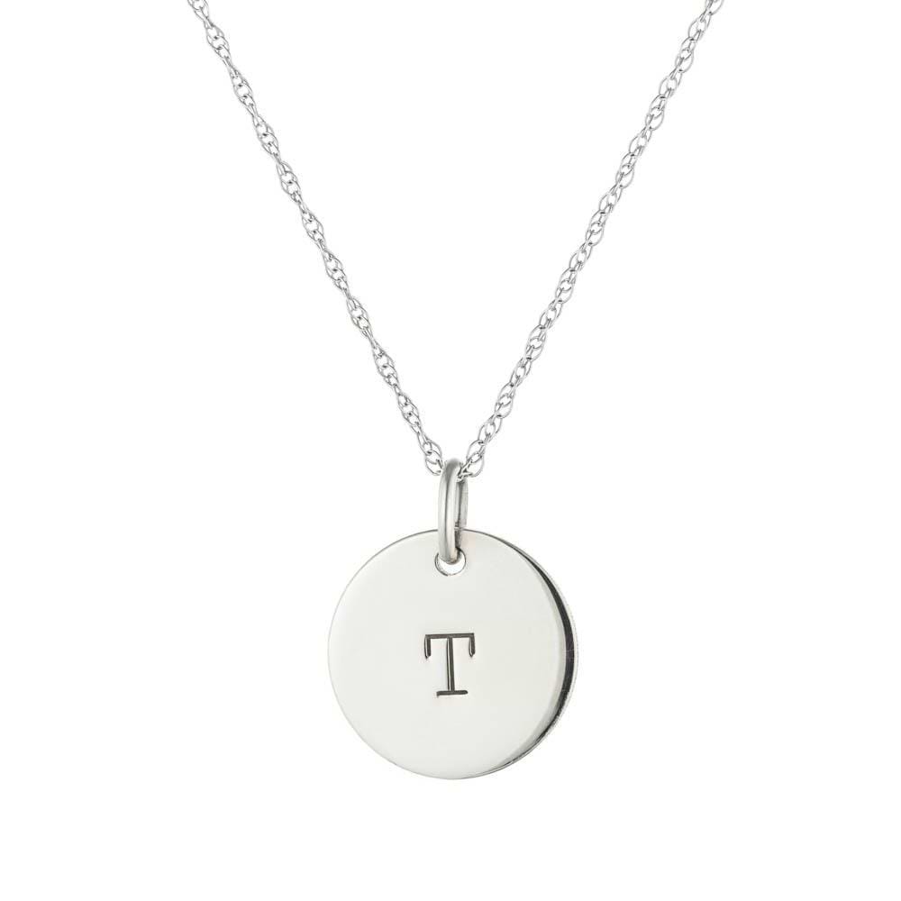 Solid Initial &quot;T&quot; Disc Necklace in 14K white gold 