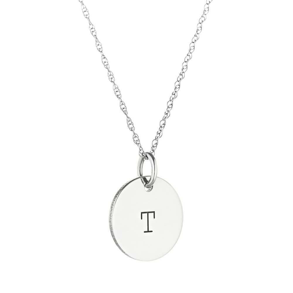 Solid Initial "T" Disc Necklace in 14K white gold | letter disc pendant necklace gold