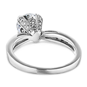 Channel set diamond accented engagement ring with 1ct round cut lab grown diamond and peek-a-boo diamonds in 14k white gold shown from back