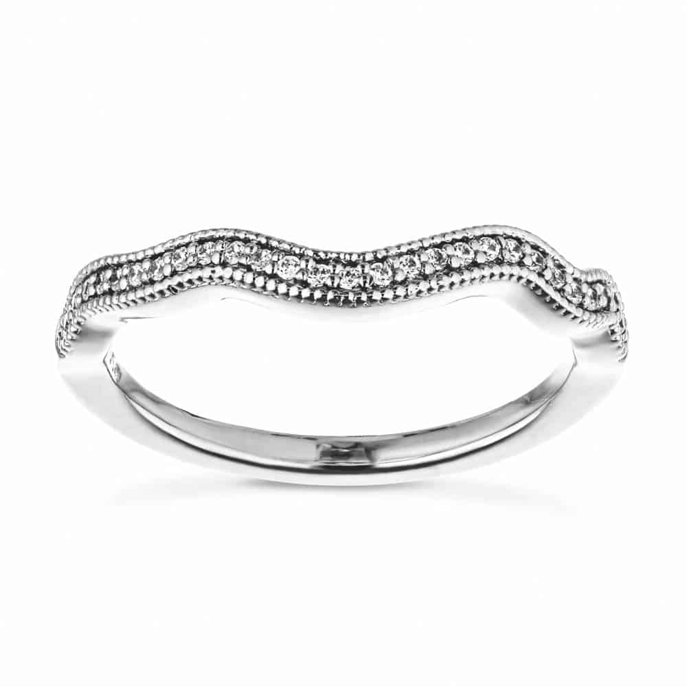 Stark curved wedding band with accenting diamonds and filigree detailing in recycled 14K white gold made to fit the Stark Engagement ring 