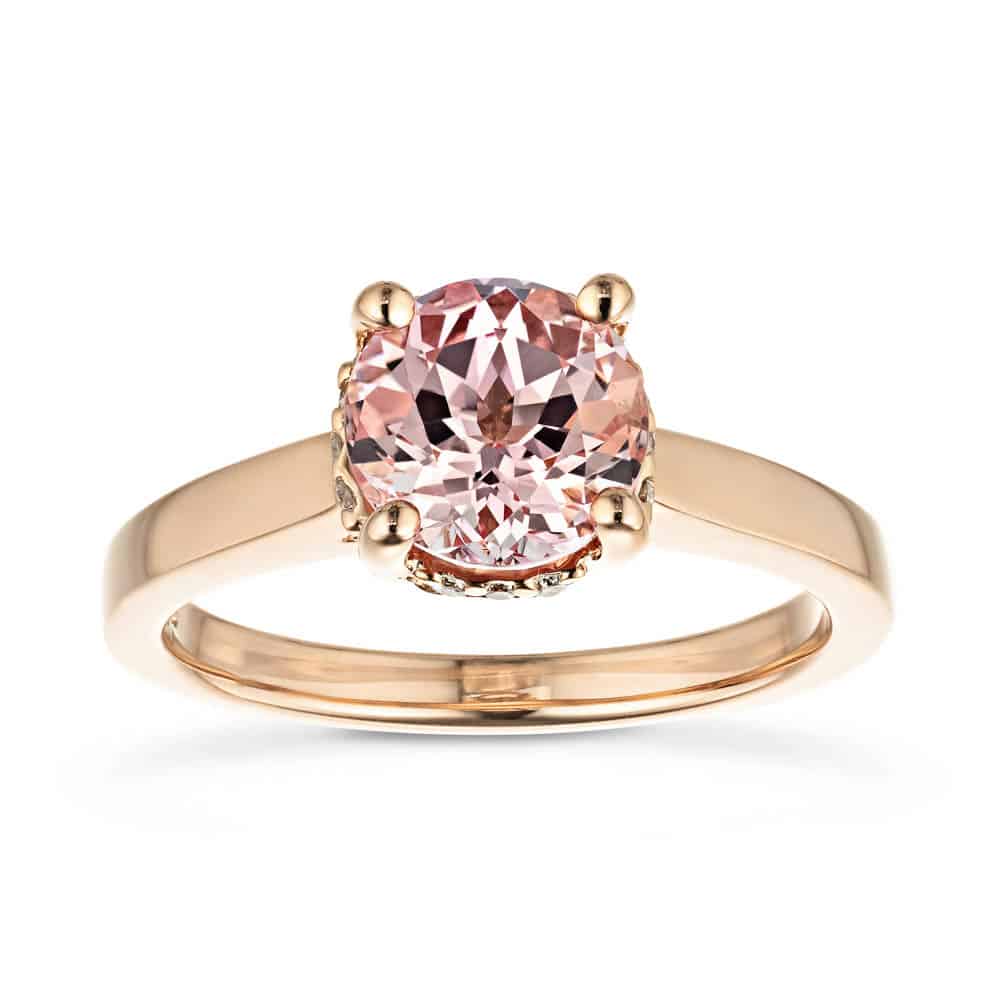 Shown with 2ct Round Cut Lab Created Pink Sapphire in 14k Rose Gold|Beautiful hidden halo engagement ring with 2ct round cut lab created pink sapphire in 14k rose gold setting