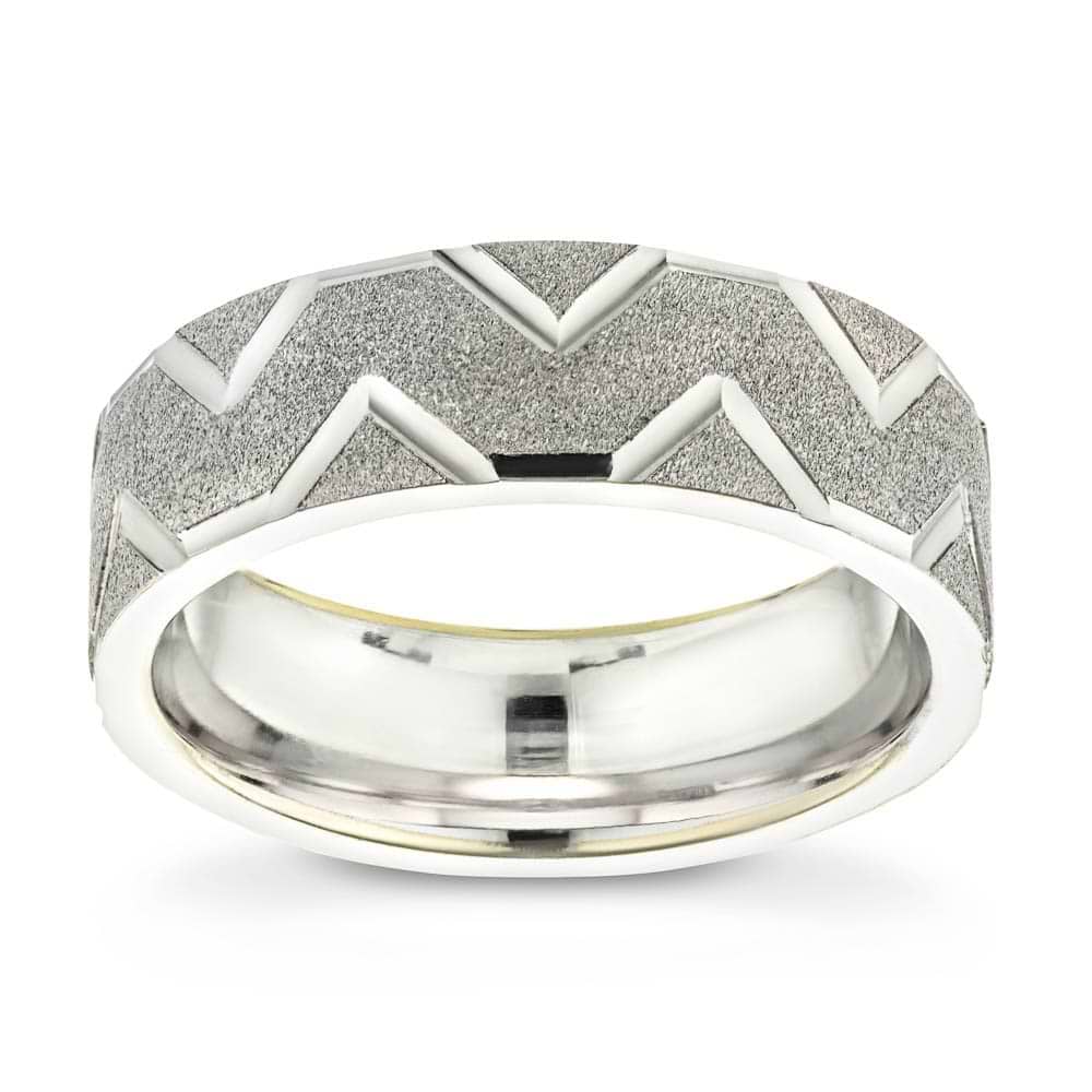 Men&#39;s Wedding Band with intricate groove design in satin finish in recycled 14K white gold 