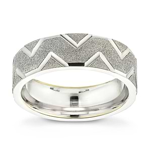  Men's Wedding Band with intricate groove design in satin finish in recycled 14K white gold
