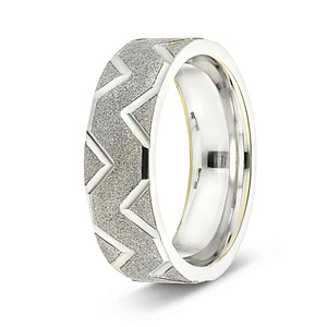  Men's Wedding Band with intricate groove design in satin finish in recycled 14K white gold