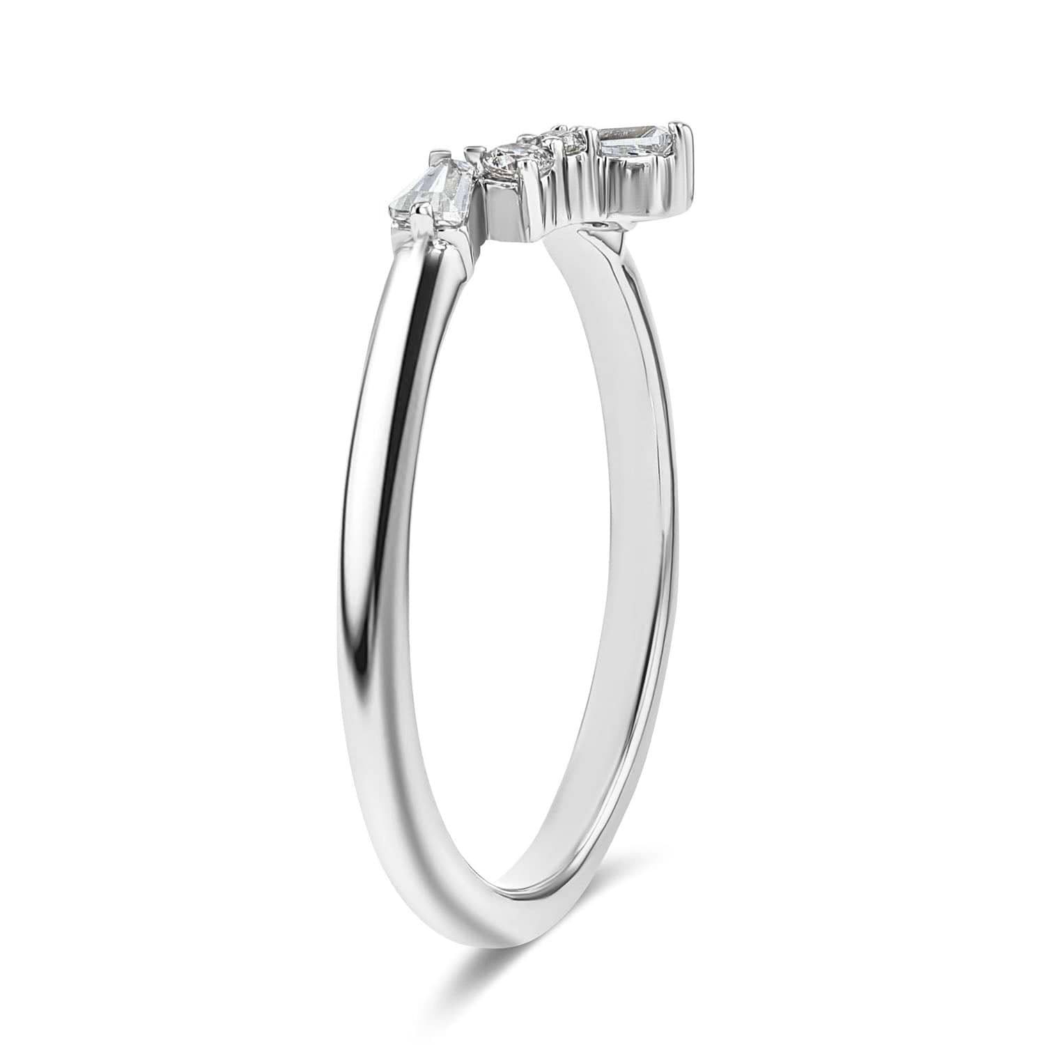 Sunset Accented Wedding Band Shown in 14K White Gold|sunset lab grown diamond accented contour wedding band shown in 14k white gold metal