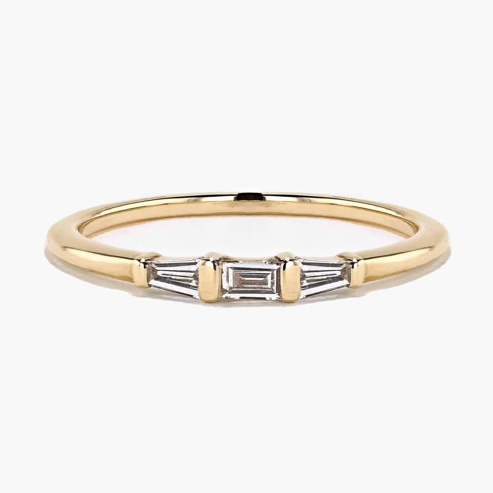 Shown in 14K Yellow Gold|Three Stone Baguette Band in 14 Carat Gold with Lab Grown Diamond by MiaDonna