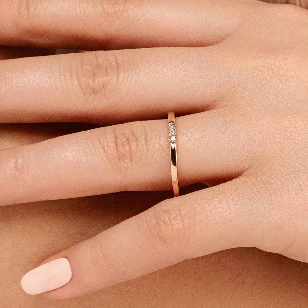 Three Stone French-Set Band set with 0.04ctw lab-grown diamonds shown in recycled 10K rose gold | Three stone French-set band lab grown diamonds recycled 10K rose gold