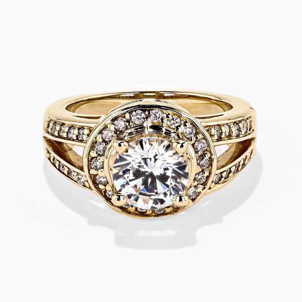 Tinkerbell Engagement Ring shown with a Round Cut 1.5ct Diamond Hybrid center stone in 14K yellow gold | diamond hybrid engagement ring right-hand ring