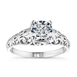 Antique style nature inspired engagement ring with 1ct cushion cut lab grown diamond in detailed 14k white gold band