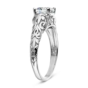 Antique style engagement ring with 1ct cushion cut lab grown diamond in detailed 14k white gold shown from side