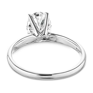 Traditional solitaire engagement ring with 2ct emerald cut lab grown diamond in platinum shown from back