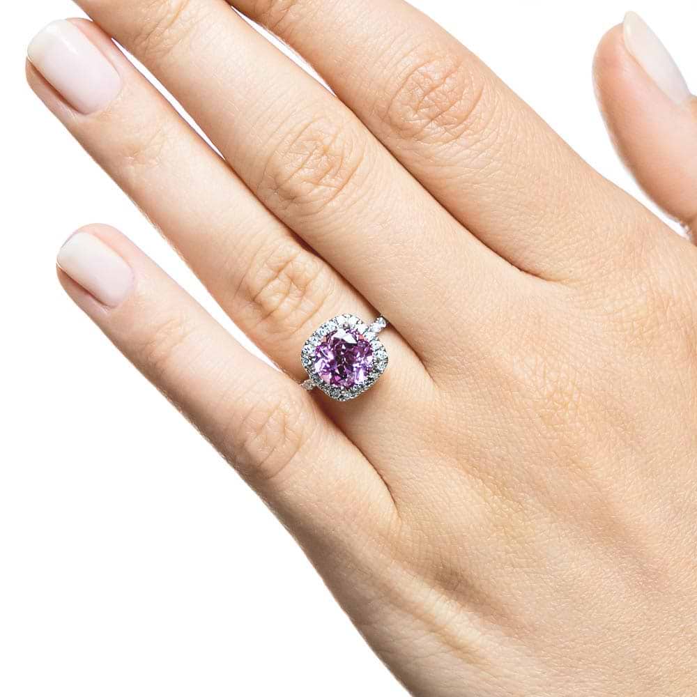 Shown with a 1.20ct Round cut Lab-Grown Diamond  in recycled 14K rose gold | halo engagement ring Shown with a 1.0ct Round cut Lab-Grown Diamond with a diamond accented halo and accented band in recycled 14K rose gold