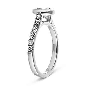  stackable engagement ring Shown with a bezel set 1.0ct Round cut Lab-Grown Diamond with accenting stones on the band in recycled 14K white gold