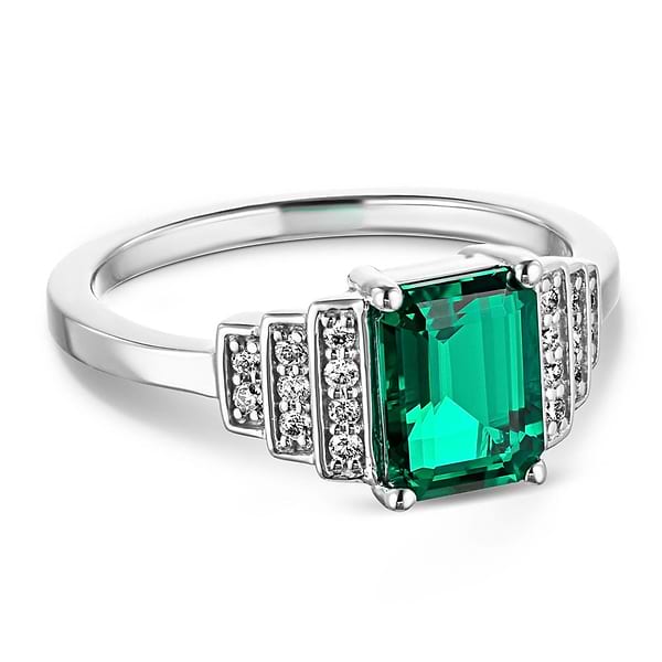 Vivienne Antique Engagement Ring shown with a 1.0ct emerald Lab Grown Gemstone in recycled 14K white gold | Vivienne Antique Engagement Ring emerald Lab Grown Gemstone recycled 14K white gold