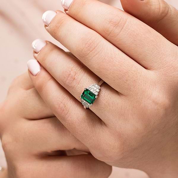 Vivienne Antique Engagement Ring shown with a 1.0ct emerald Lab Grown Gemstone in recycled 14K white gold | Vivienne Antique Engagement Ring emerald Lab Grown Gemstone recycled 14K white gold