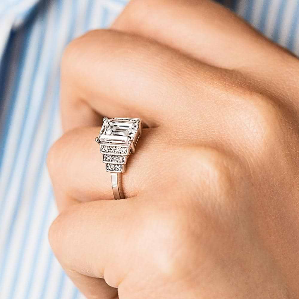 Vivienne Antique Engagement Ring shown with a 1.0ct emerald Lab Grown Gemstone in recycled 14K white gold | Vivienne Antique Engagement Ring emerald Lab Grown Gemstone recycled 14K white gold