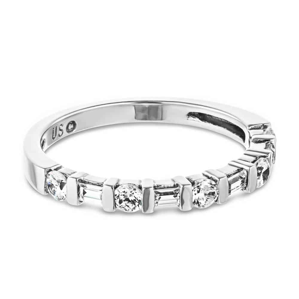 Whimsy Diamond Wedding Band with accenting round and baguette recycled diamonds in recycled 14K white gold | Whimsy diamond edding band accenting round baguette recycled diamonds recycled 14K white gold