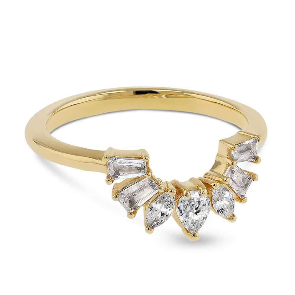 Shown in 14k Yellow Gold|Lab grown diamond accented wedding band with contour design set in 14k yellow gold