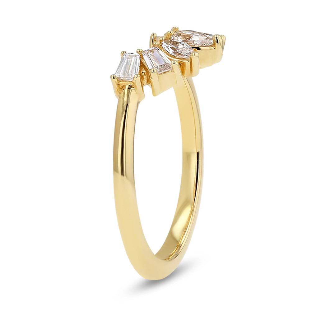 Shown in 14k Yellow Gold|Lab grown diamond accented wedding band with contour design set in 14k yellow gold