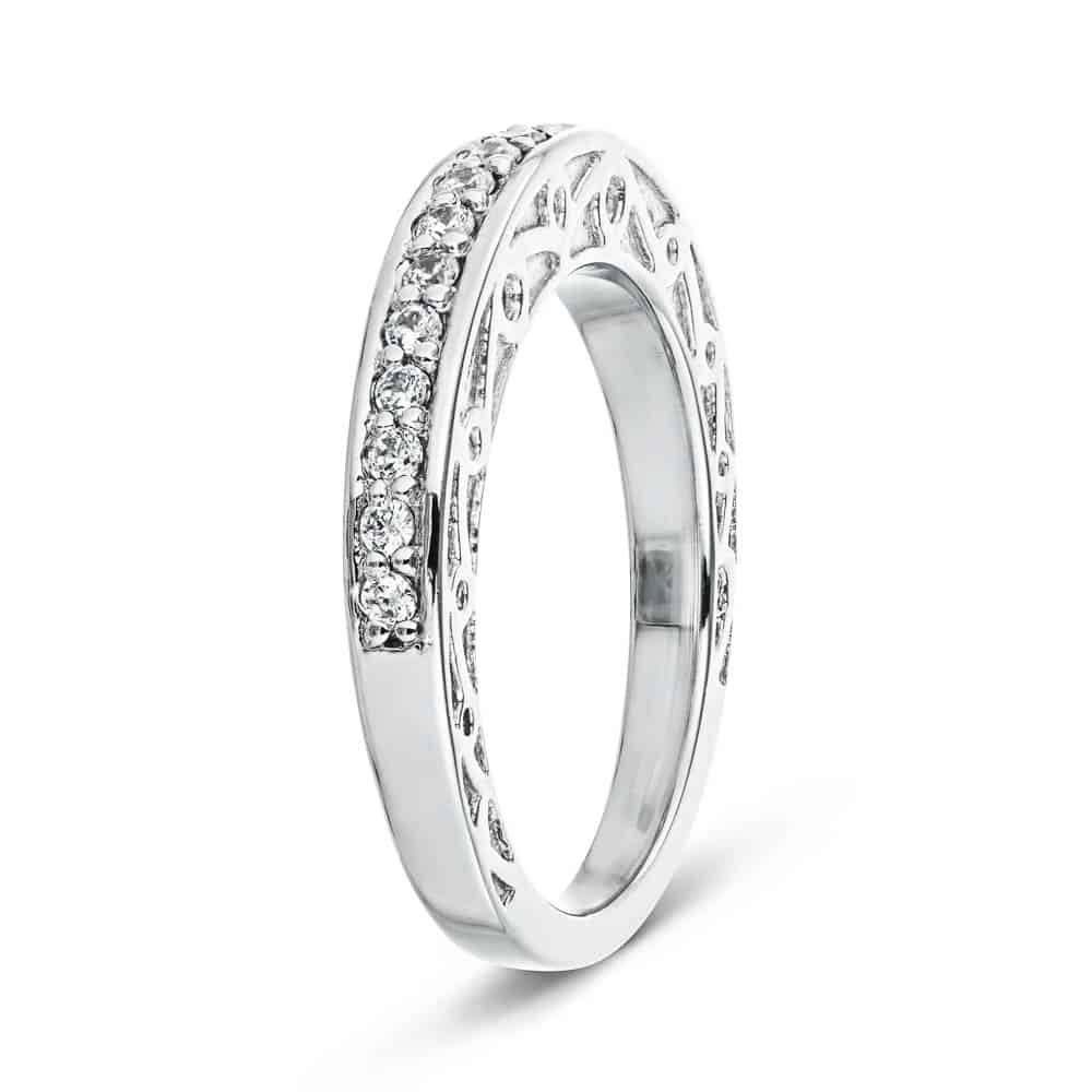 Julie Accented Wedding band with scroll detail and recycled diamonds in recycled 14K white gold | Julie Accented Wedding band scroll detail recycled diamonds recycled 14K white gold