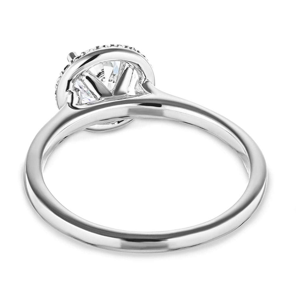 Shown with 1ct Round Cut Lab Grown Diamond in 14k White Gold|Diamond halo engagement ring with a 1ct round cut lab grown diamond in 14k white gold shown from back