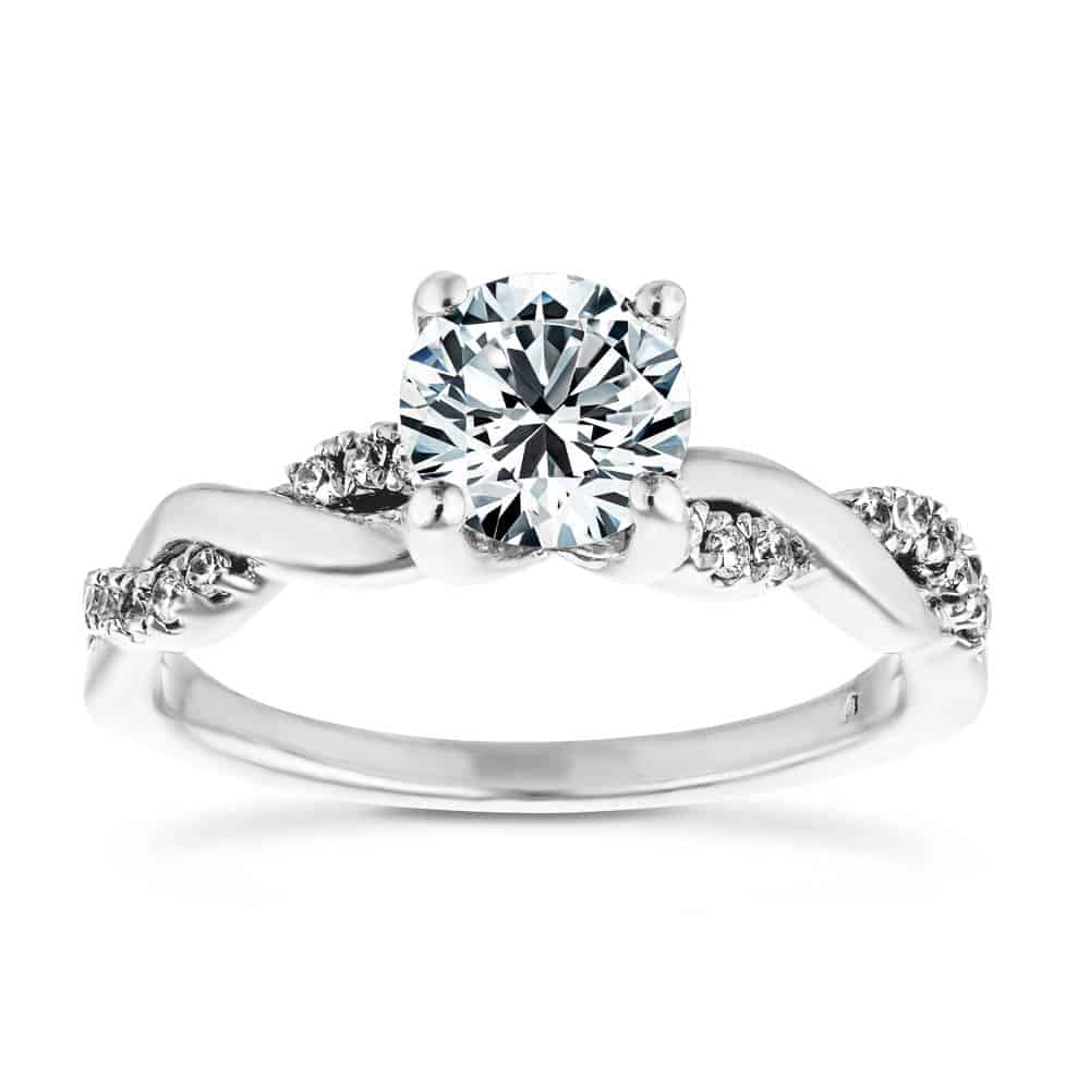 Shown with 1ct Round Cut Lab Grown Diamond in 14k White Gold|Nature inspired engagement ring with twisted diamond accented band featuring 1ct round cut lab grown diamond in 14k white gold front view
