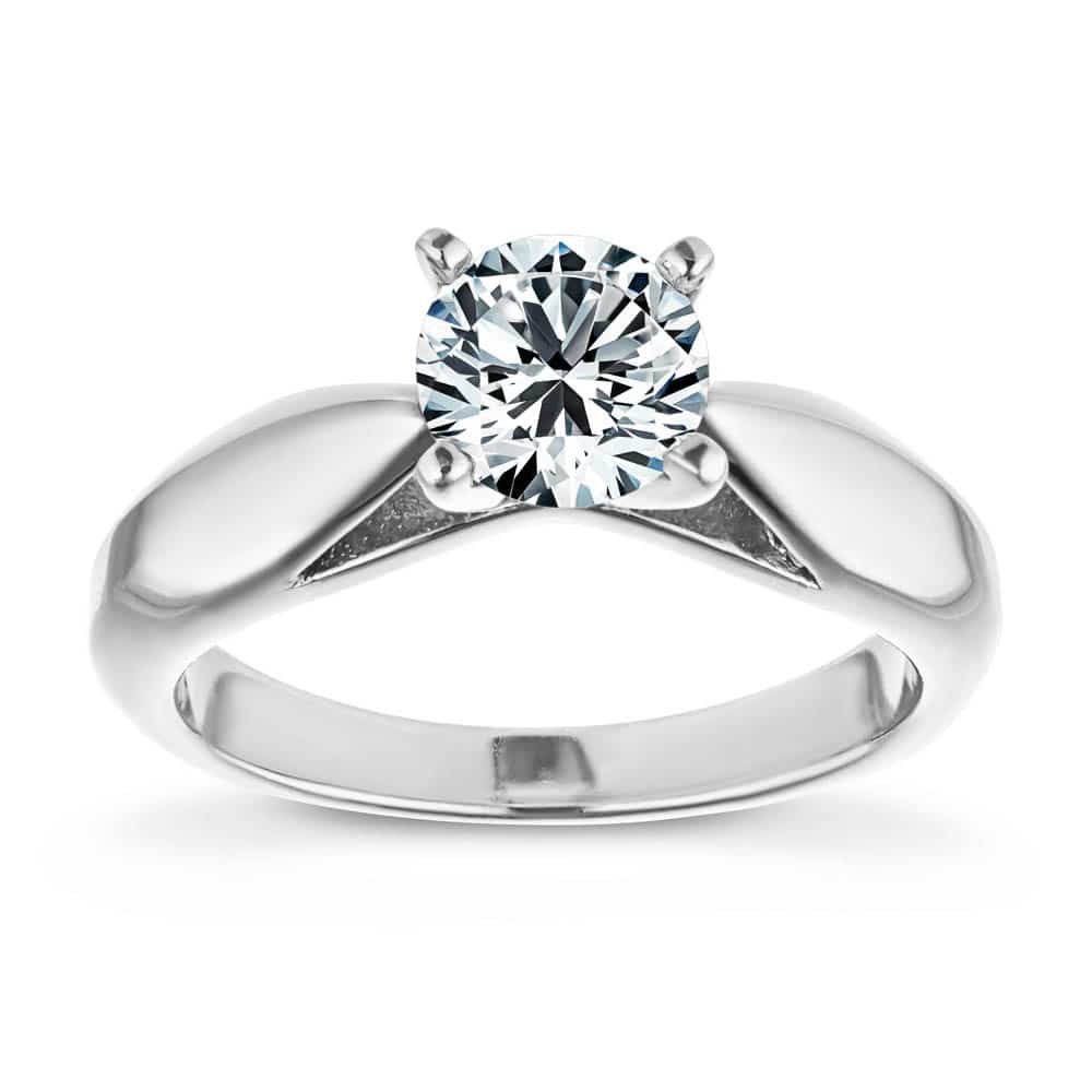 Shown with 1ct Round Cut Lab Grown Diamond in Platinum|Modern solitaire engagement ring with wide band and cathedral style design featuring 1ct round cut lab grown diamond in platinum shown from front