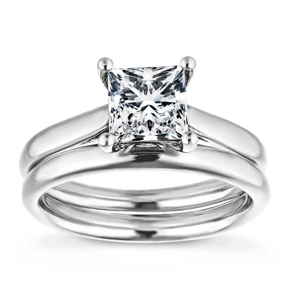 Shown with a 1.0ct Princess cut Lab-Grown Diamond in recycled 14K white gold with matching band| wedding set 1.0ct Princess cut Lab-Grown Diamond in recycled 14K white gold