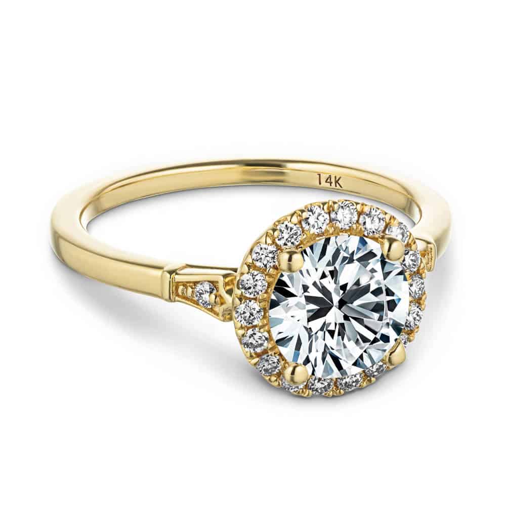 Shown with 1ct Round Cut Lab Grown Diamond in 14k Yellow Gold|Elegant diamond halo engagement ring with 1ct round cut lab grown diamond in 14k yellow gold