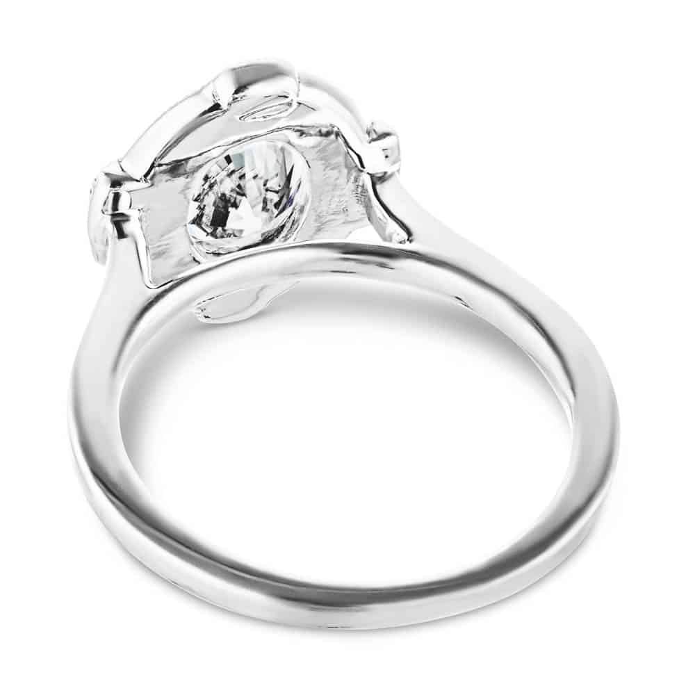 Shown with 1ct Oval Cut Lab Grown Diamond in 14k White Gold|Antique style engagement ring with milgrain detail diamond accented halo in 14k white gold shown from back