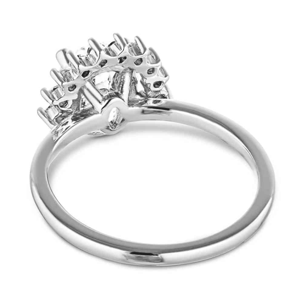 Shown with 1.5ct Oval Cut Lab Grown Diamond in 14k White Gold|Vintage style half halo engagement ring with 1.5ct oval cut lab grown diamond in 14k white gold shown from back