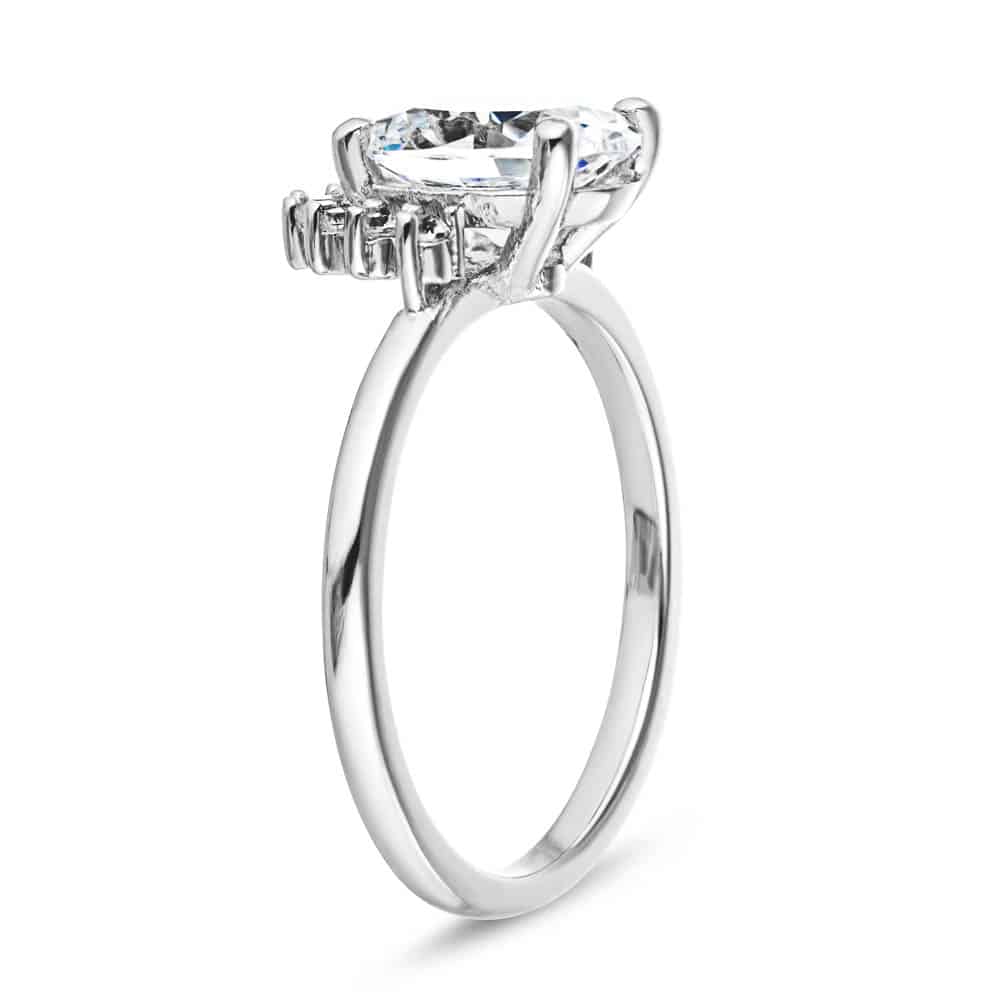 Shown with 1.5ct Oval Cut Lab Grown Diamond in 14k White Gold|Vintage style half halo engagement ring with 1.5ct oval cut lab grown diamond in 14k white gold shown from side