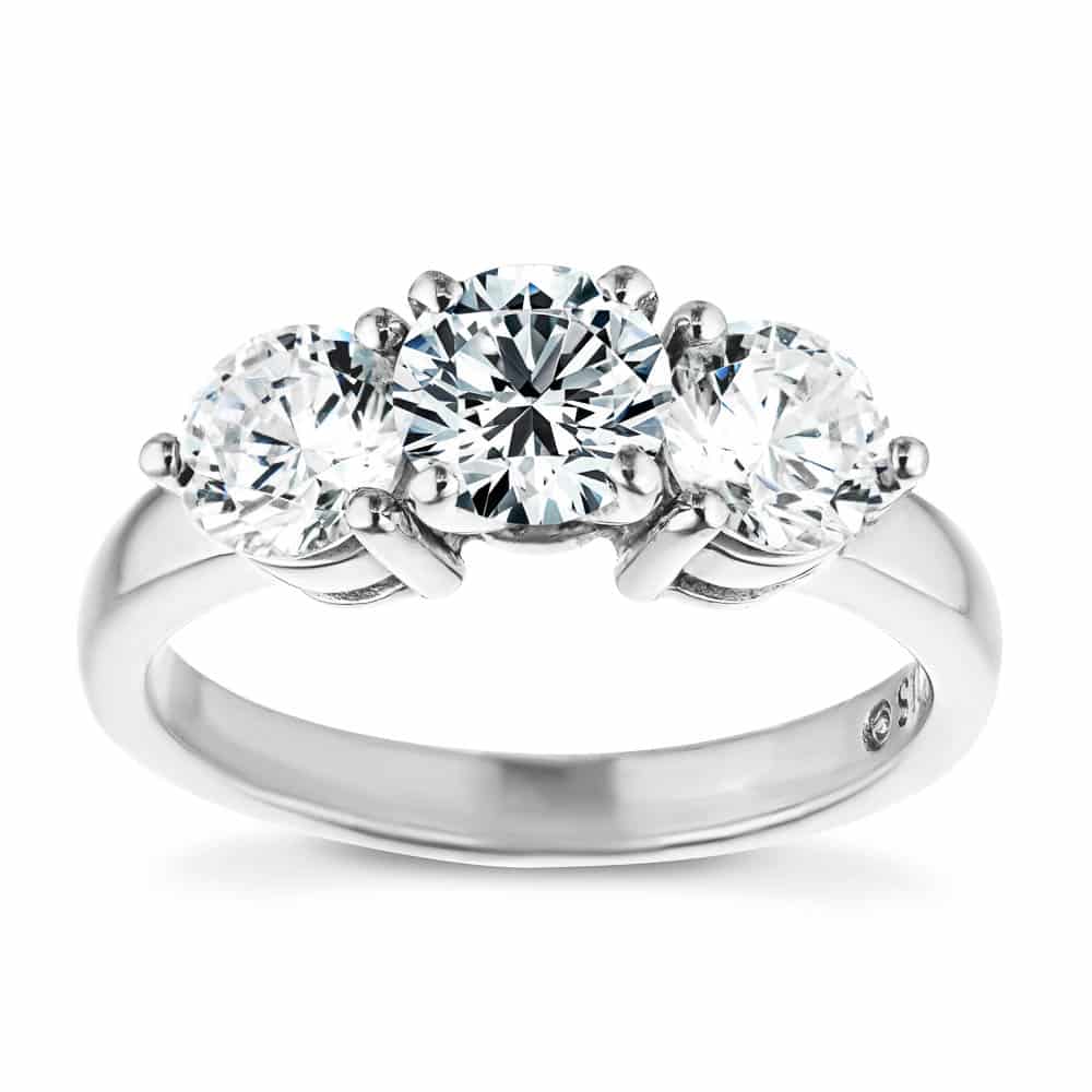 Shown with three Round Cut Lab Grown Diamonds in 14k White Gold|Three stone engagement with round cut lab grown diamonds in 14k white gold