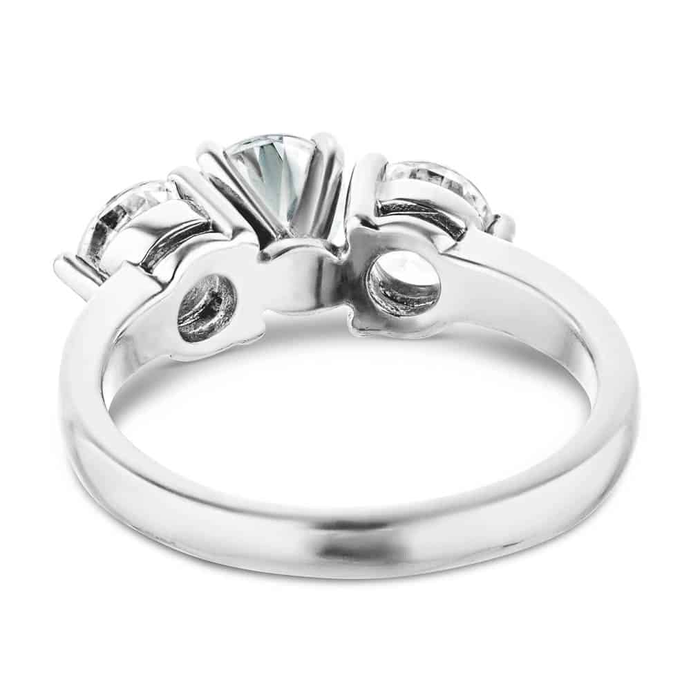 Shown with three Round Cut Lab Grown Diamonds in 14k White Gold|Three stone engagement with round cut lab grown diamonds in 14k white gold shown from back