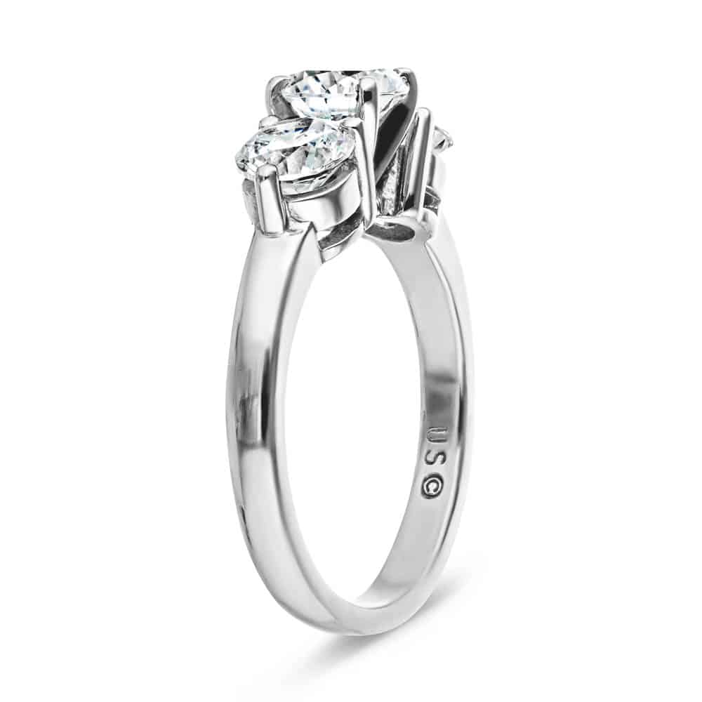 Shown with three Round Cut Lab Grown Diamonds in 14k White Gold|Three stone engagement with round cut lab grown diamonds in 14k white gold shown from side