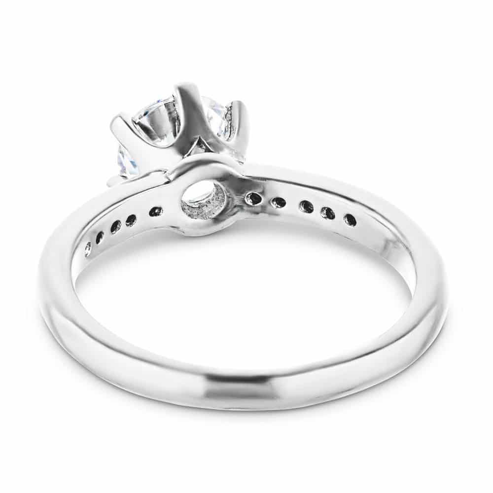 Shown with 1ct Round Cut Lab Grown Diamond in 14k White Gold|Six prong diamond accented engagement ring in 14k white gold shown from behind