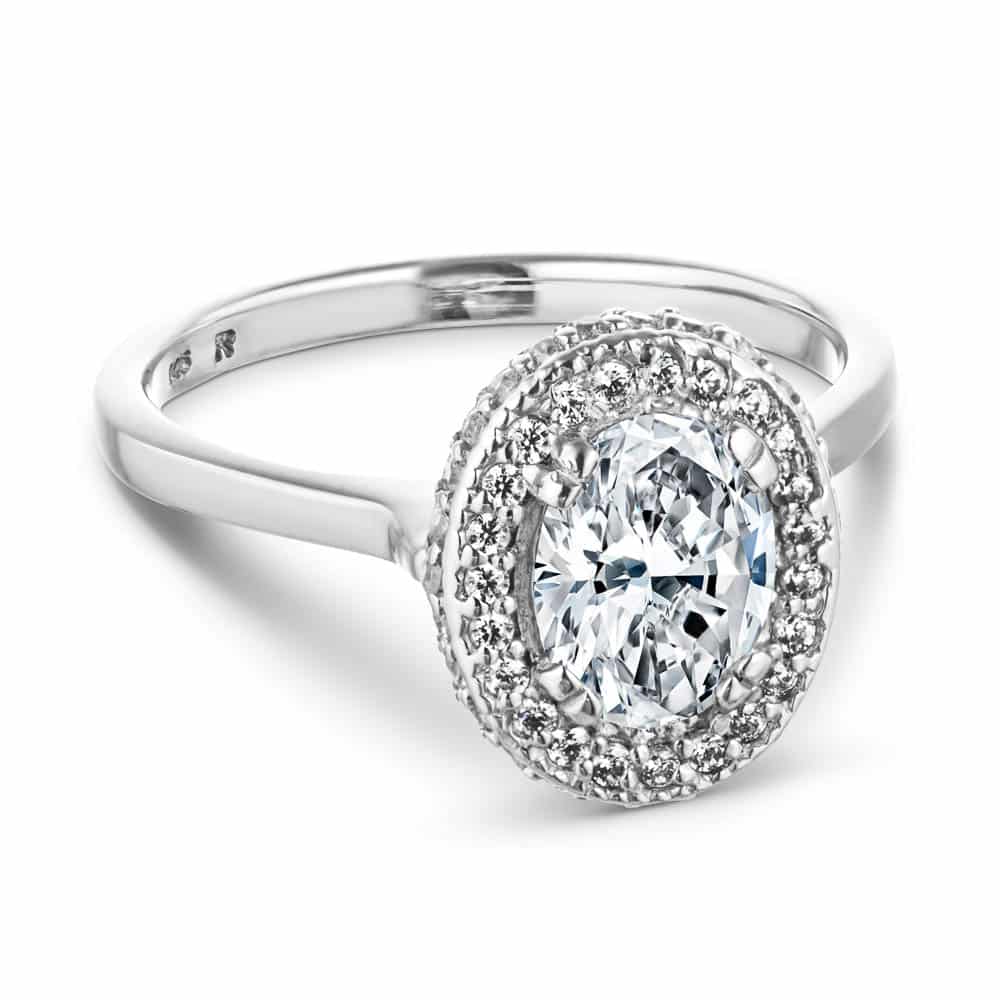 Shown with 1ct Oval Cut Lab Grown Diamond in 14k White Gold|Antique style diamond accented halo engagement ring with 1ct oval cut lab grown diamond in 14k white gold