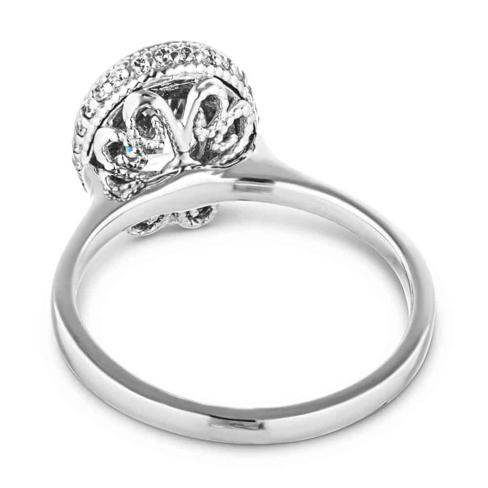 Shown with 1ct Oval Cut Lab Grown Diamond in 14k White Gold|Antique style diamond accented halo engagement ring in 14k white gold shown from back