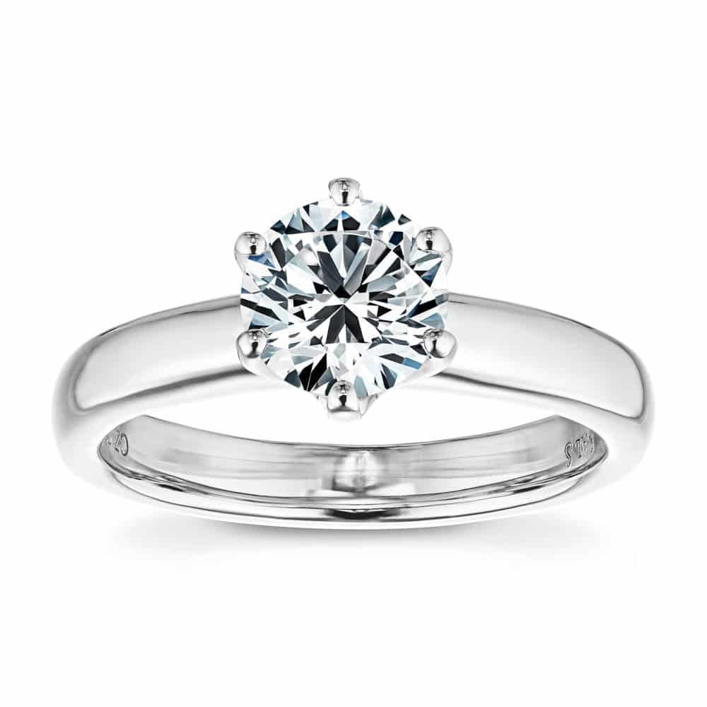 Shown with 1.5ct Round Cut Lab Grown Diamond in 14k White Gold|Affordable solitaire engagement ring with 6 prong head set 1.5ct round cut lab grown diamond in 14k white gold