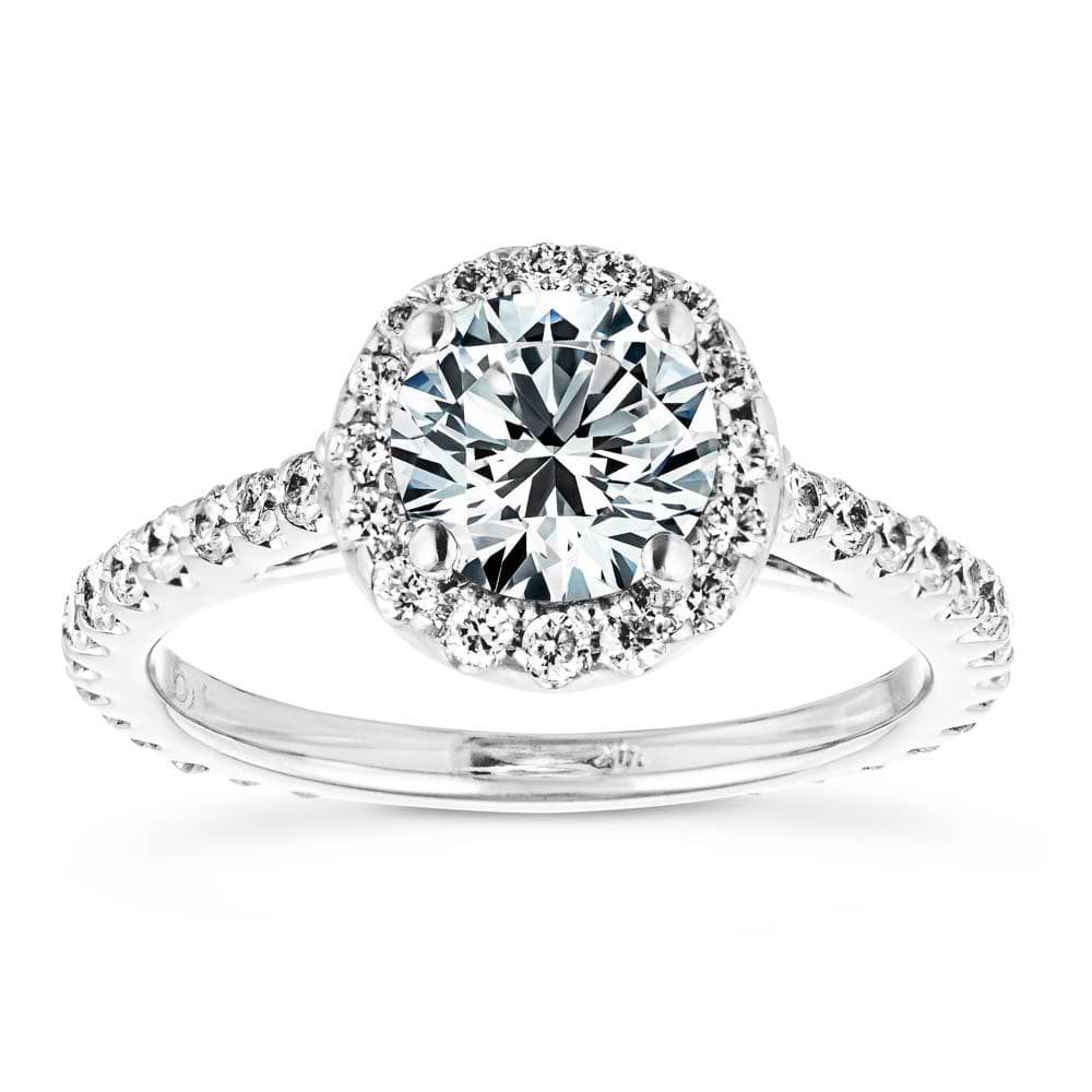 Shown with 1ct Round Cut Lab Grown Diamond in 14k White Gold|Luxurious diamond accented halo engagement ring with 1ct round cut lab grown diamond in 14k white gold