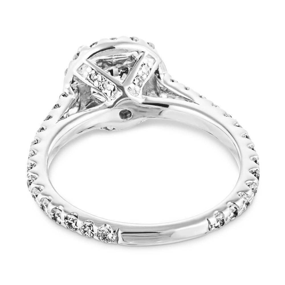 Shown with 1ct Round Cut Lab Grown Diamond in 14k White Gold|Diamond accented halo engagement ring with 1ct round cut lab grown diamond in 14k white gold shown from back