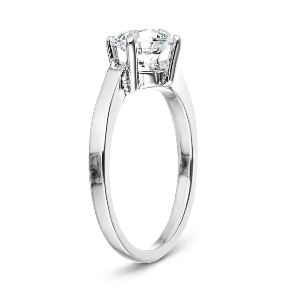 Shown with 1ct Round Cut Lab Grown Diamond in 14k White Gold|Modern simple minimalistic solitaire engagement ring with 1ct round cut lab grown diamond in 14k white gold shown from side