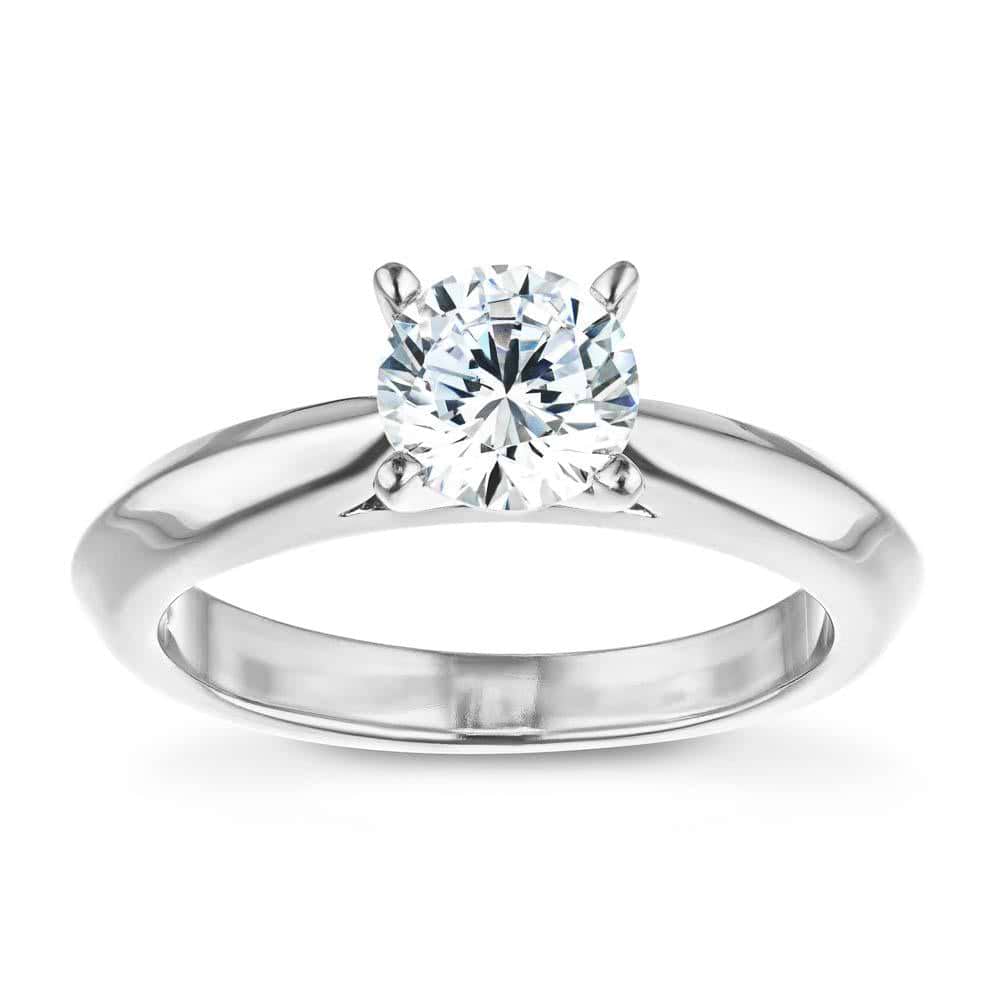 Shown with 1ct Round Cut Lab Grown Diamond in 14k White Gold|Simple solitaire engagement ring with cathedral design holding a 1ct round cut lab grown diamond in 14k white gold