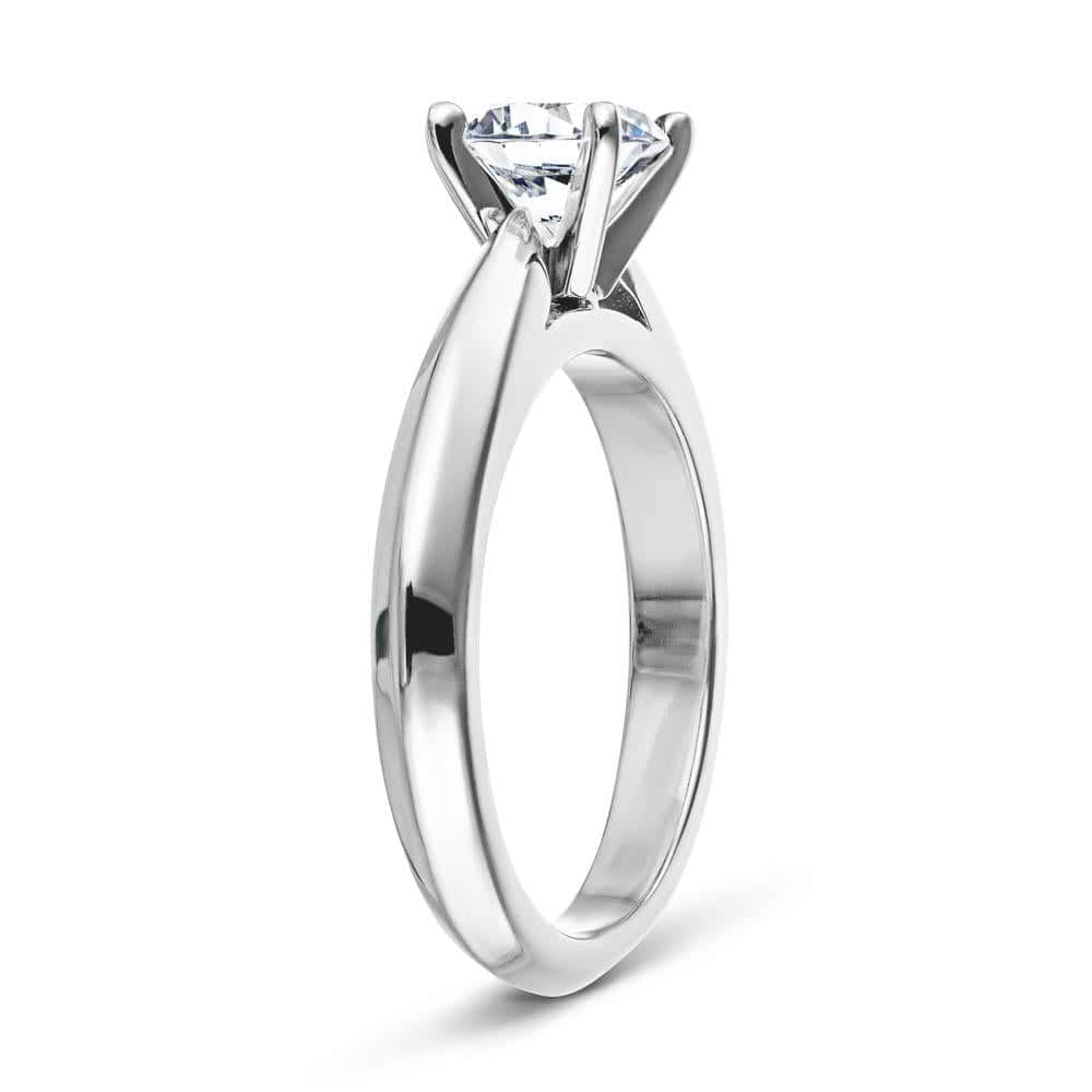 Shown with 1ct Round Cut Lab Grown Diamond in 14k White Gold|Simple solitaire engagement ring with cathedral design holding a 1ct round cut lab grown diamond in 14k white gold shown from side