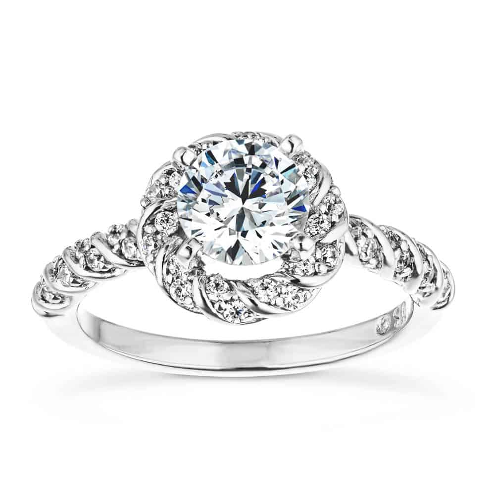 Shown with 1ct Round Cut Lab Grown Diamond in 14k White Gold|Unique twisted diamond halo engagement ring with a 1ct round cut lab grown diamond in a braided rope design 14k white gold band