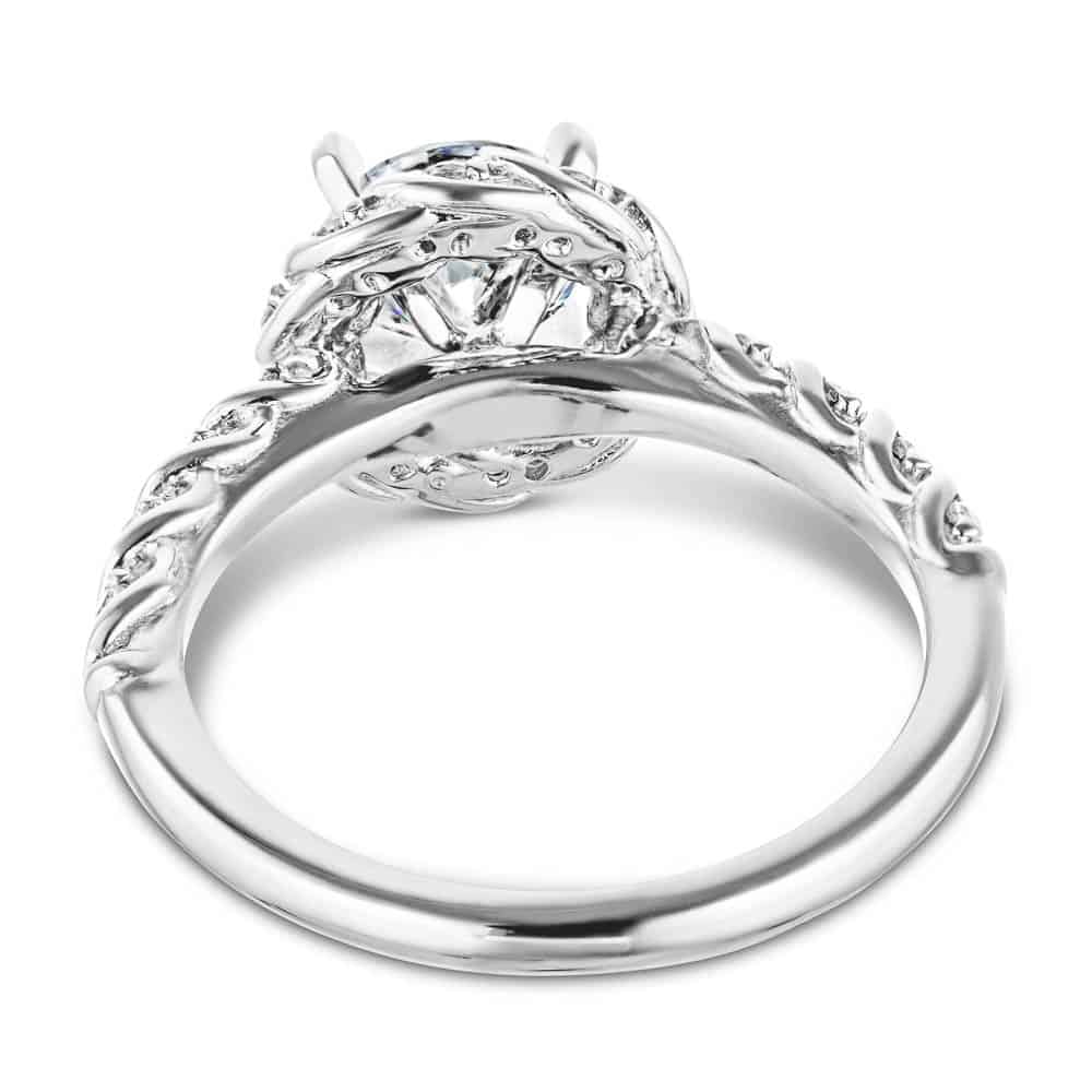 Shown with 1ct Round Cut Lab Grown Diamond in 14k White Gold|Twisted diamond halo engagement ring with a 1ct round cut lab grown diamond in 14k white gold shown from back