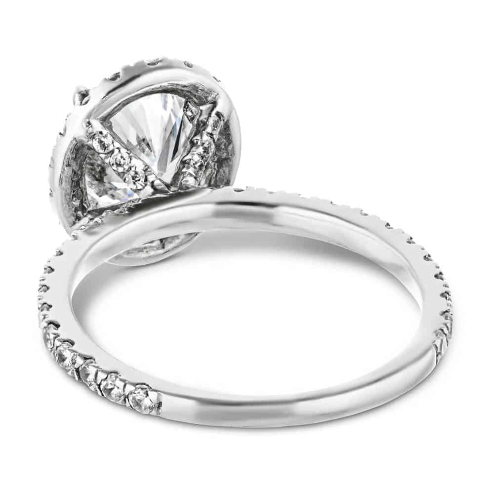 Shown with 1ct Oval Cut Lab Grown Diamond in Platinum|Dream diamond halo engagement ring with diamond accents and a 1ct oval cut lab grown diamond in platinum shown from back