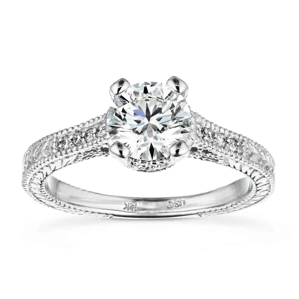 Shown with 1ct Round Cut Lab Grown Diamond in 14k White Gold|Beautiful antique style diamond accented engagement ring with 1ct round cut lab grown diamond in 14k white gold filigree detailed band